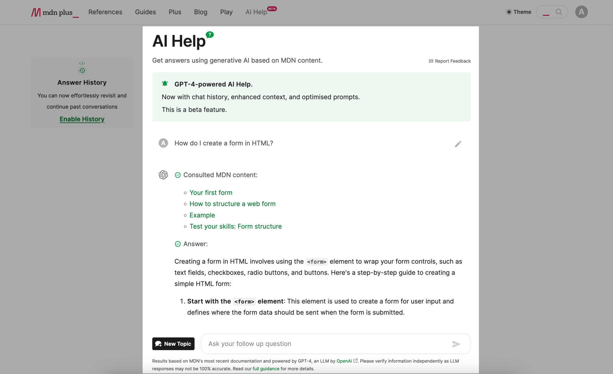 Screenshot of logged-in AI Help page, AI Help Search highlighted, questions inserted and answer generated