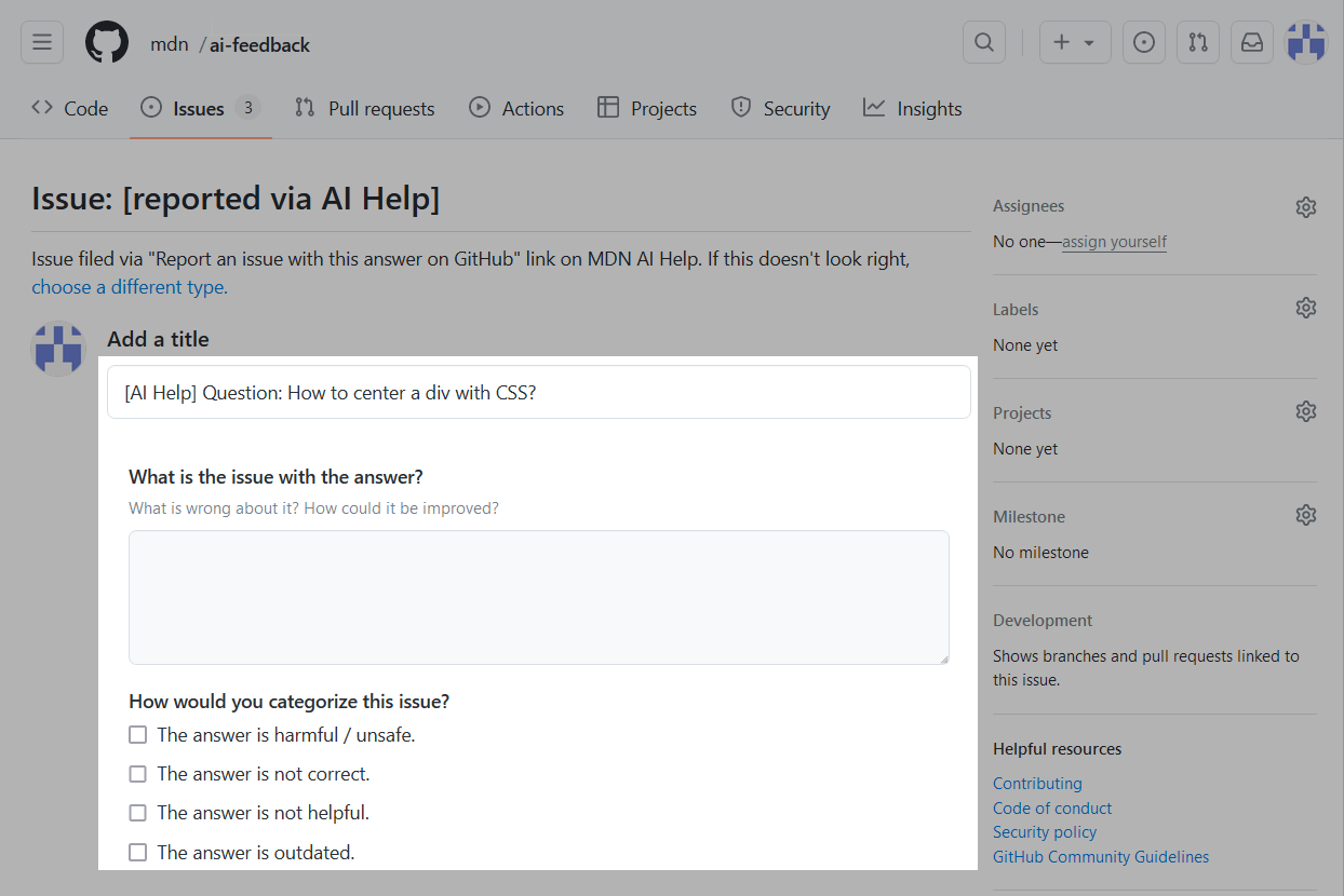 Screenshot with Github issue template open