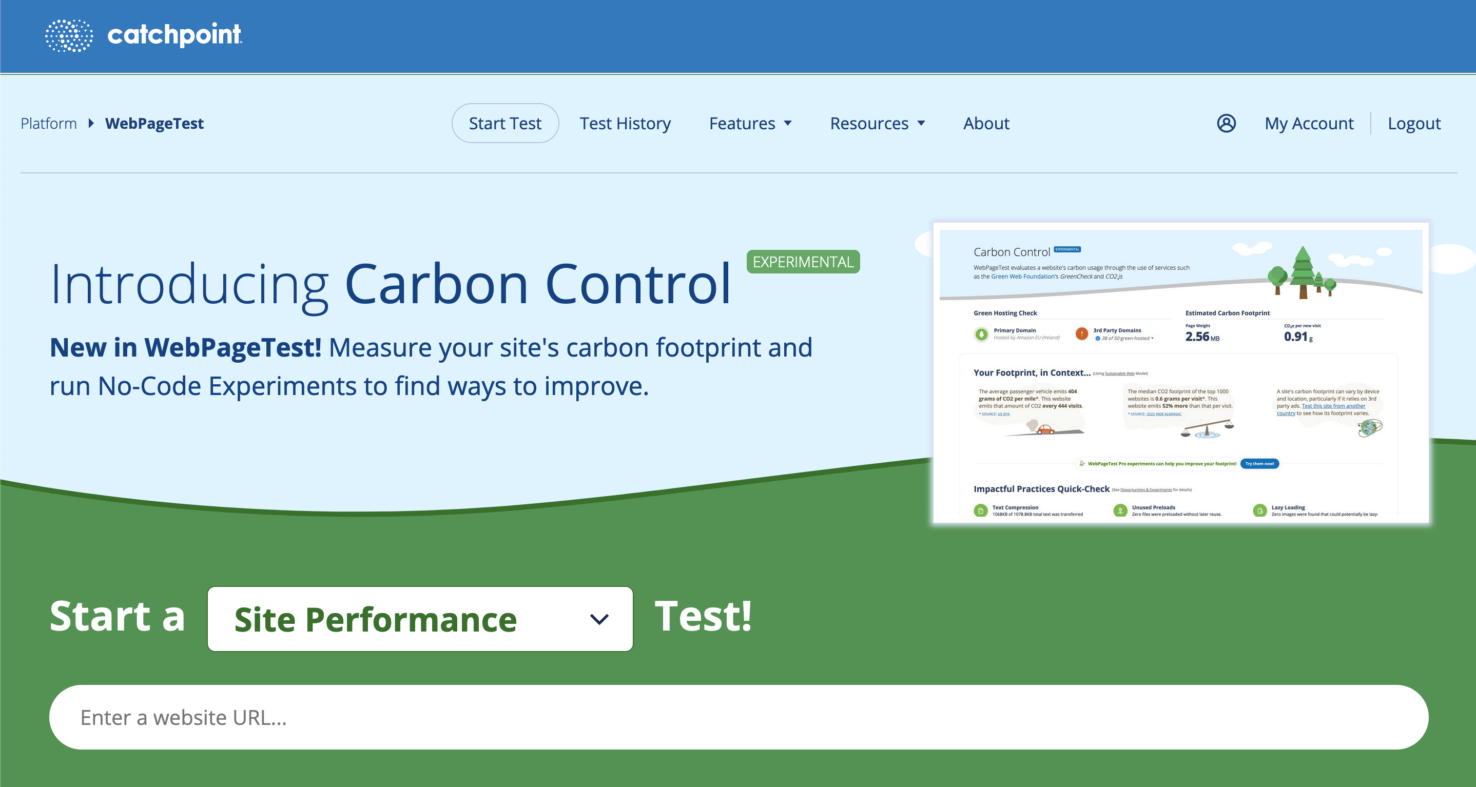 A screenshot of part of WebPageTest's home page showing the experimental Carbon Control feature with the text Introducing Carbon Control, New in WebPageTest - Measure your site's carbon footprint and run No-Code Experiments to find ways to improve