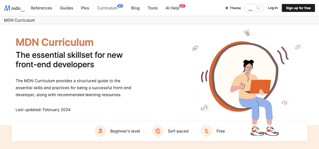 The MDN Curriculum landing page, showing a woman sitting with a laptop, smiling and with a thumbs up, and introductory text that begins 'MDN Curriculum: The essential skillset for new front-end developers.'