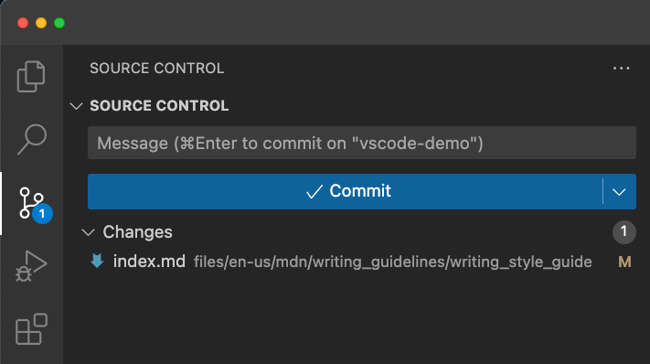 Screenshot showing Source Control panel in VS Code, displaying one modified file, ready to be staged and committed, with input field at the top to enter a commit message