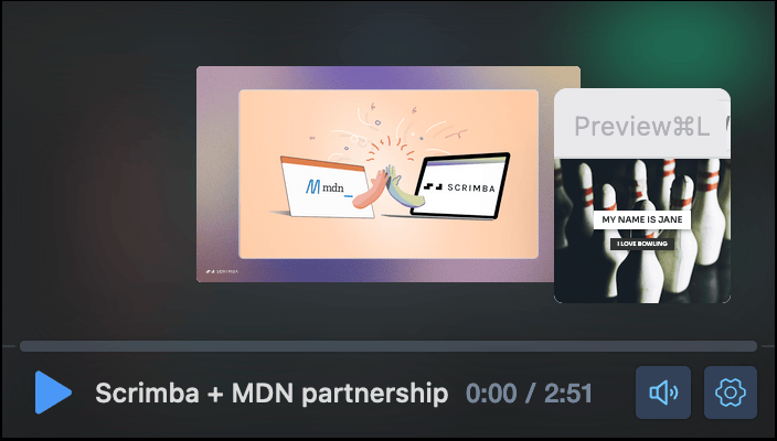 A video player showing a 3 minute video titled "Scrimba + MDN partnership", with a thumbnail featuring two laptops with the MDN and Scrimba logos, connected by a handshake animation.