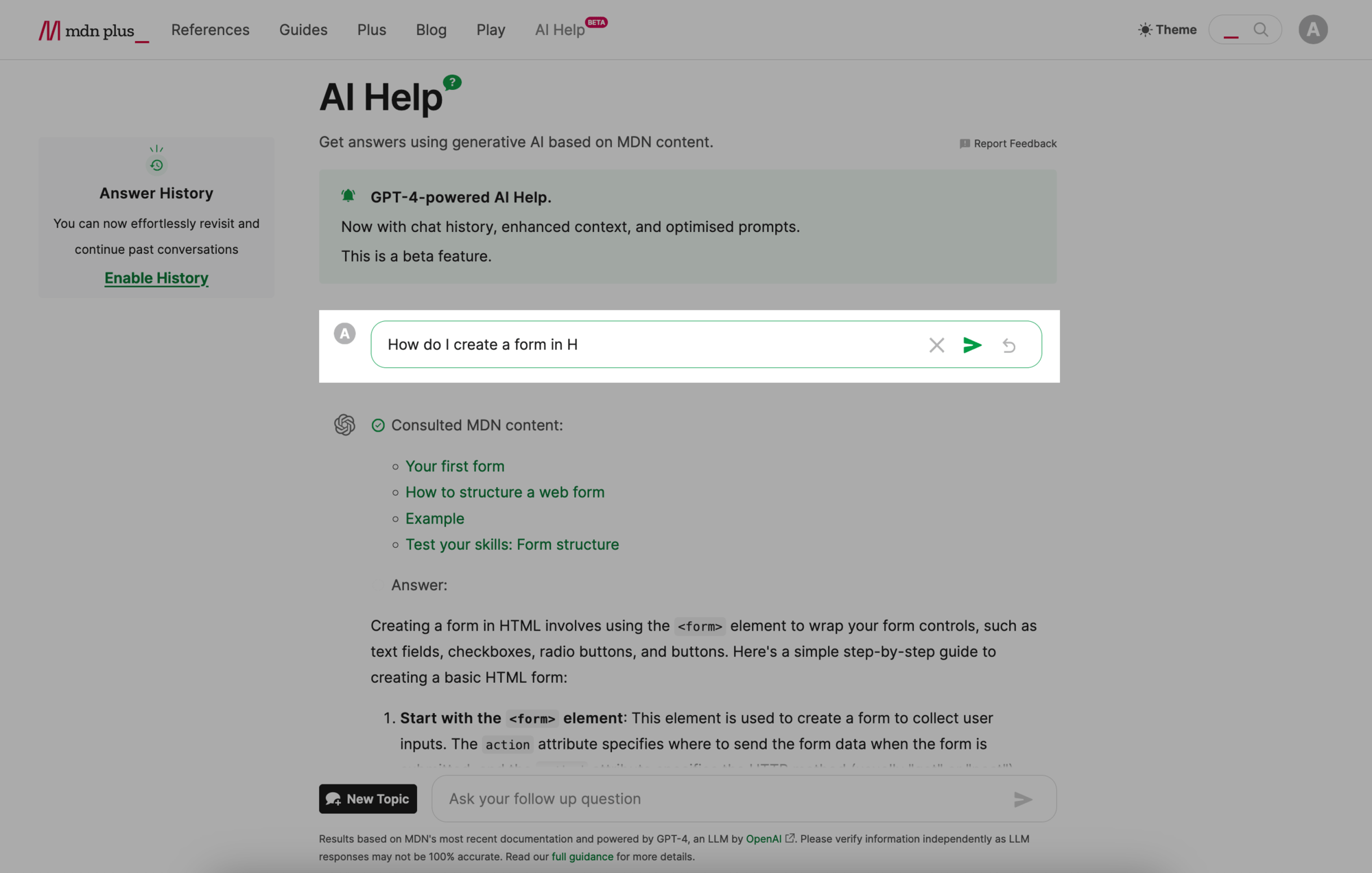 Screenshot of logged-in AI Help page, AI Help Edit option opened and highlighted, on the same question as above