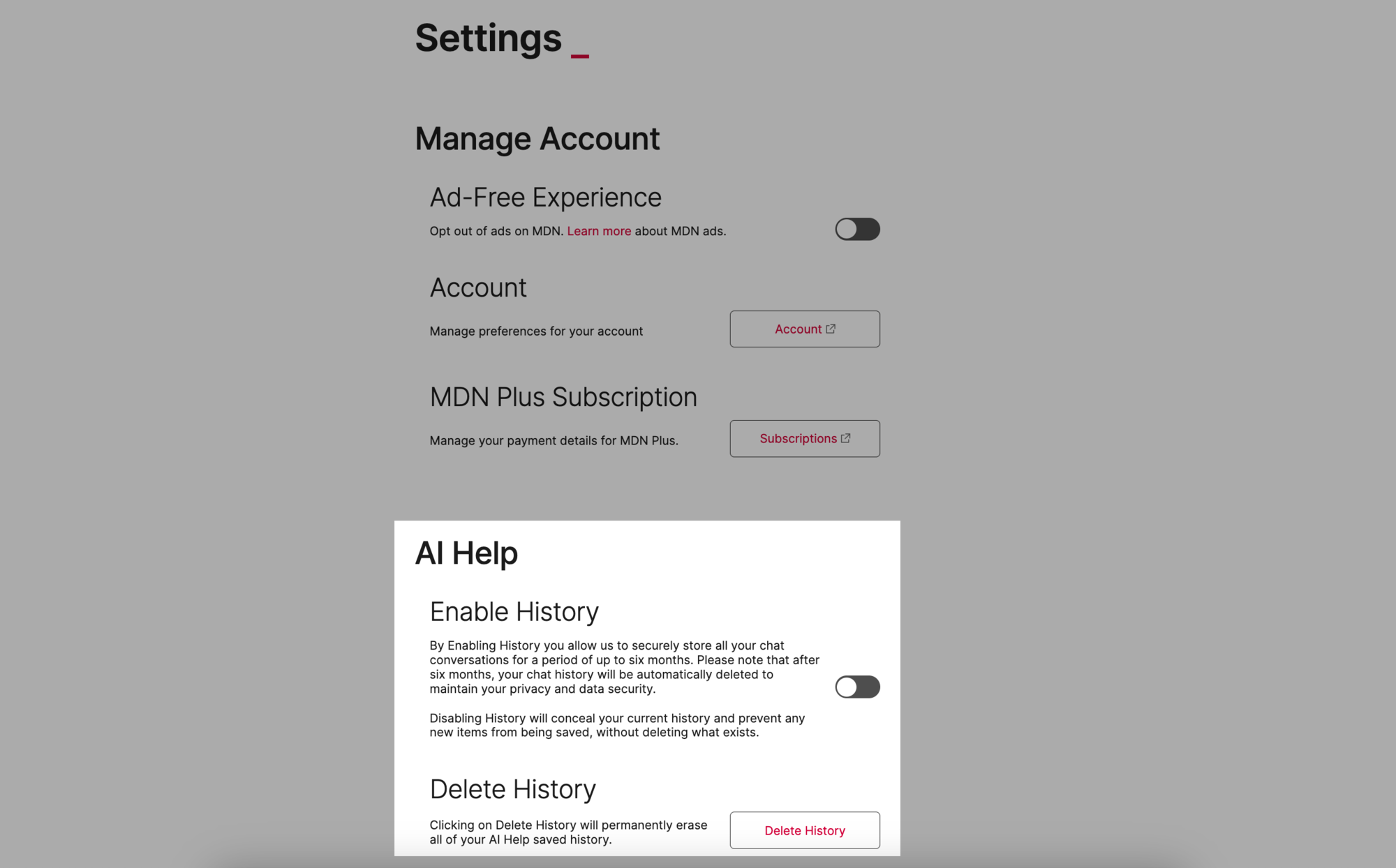 Screenshot of Account Settings page, with Chat History Enable and Delete highlighted’