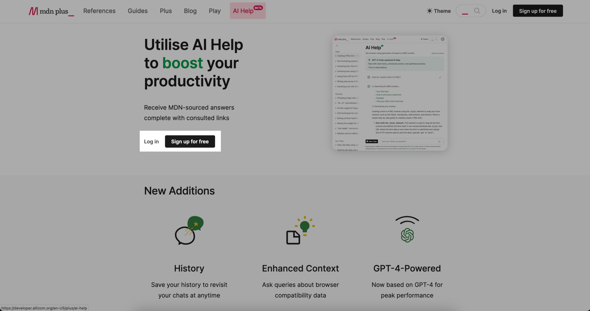 Screenshot of AI Help page as non-logged in user, AI Help button highlighted as well as the Log in/Sign up options
