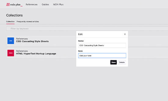 Screenshot showing the edit collection entry dialog. It contains two input fields and two buttons. The second input field is for notes.