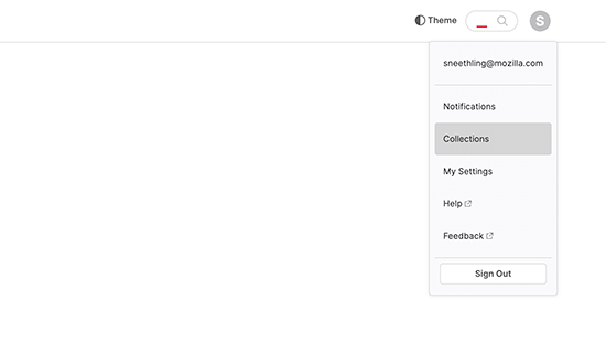 Screenshot showing the user menu entry expanded. This reveals a number of options the second of which is Collections.