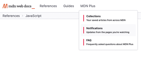 Screenshot showing MDN Plus main menu expanded revealing a Notifications menu entry.