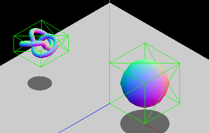 Zwei nicht quadratische 3D-Objekte schweben im Raum, umgeben von virtuellen rechteckigen Boxen.