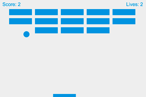 Spielbildschirm aus dem Spiel MDN Breakout, bei dem Sie Ihr Paddle verwenden können, um den Ball abprallen zu lassen und das Ziegelspielfeld zu zerstören, wobei Sie die Punktzahl und Leben halten.