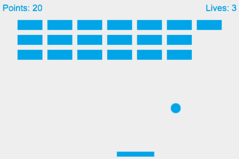 Spielbildschirm des Spiels MDN Breakout, das mit Phaser erstellt wurde, wo Sie Ihr Paddle verwenden können, um den Ball zu schlagen und das Ziegel-Feld zu zerstören, wobei die Punkte und Leben erhalten bleiben.