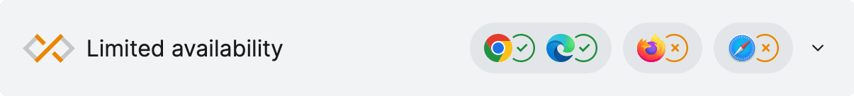 Graues Widget mit dem Kreuz: eingeschränkte Verfügbarkeit. Vier Browser-Logos, zwei mit Häkchen, zwei mit Kreuzen.