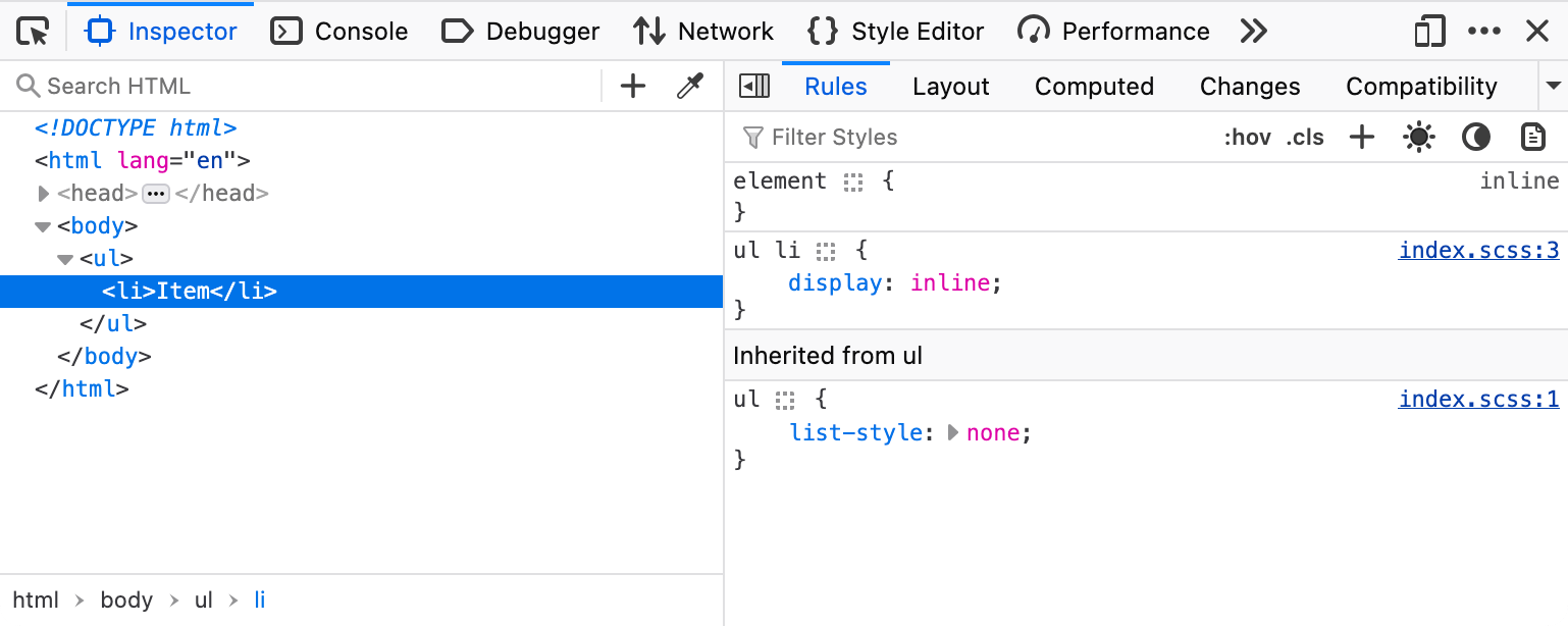 Firefox DevTools im Fokus auf das li-Element im DOM-Inspektor. Das Style-Panel zeigt transformiertes CSS ohne Verschachtelung und einen Link zur dritten Zeile der index.scss-Datei.