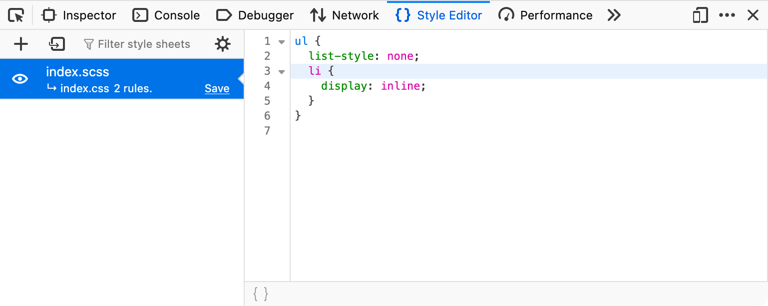 Firefox DevTools mit der index.scss-Datei, die im Style-Editor geöffnet ist. Der Editor fokussiert sich auf die dritte Zeile des Quellcodes im SCSS-Format mit Verschachtelung.