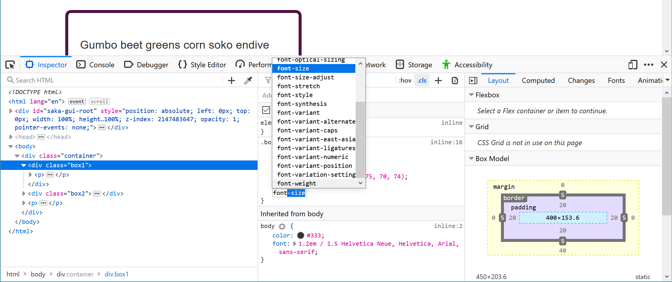 Das DevTools Panel, Hinzufügen einer neuen Eigenschaft zu den Regeln, mit der Autovervollständigung für font-