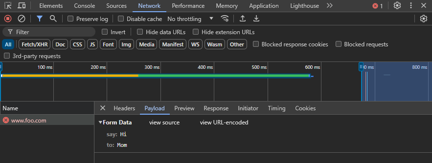 HTTP-Anfragen und Antwortdaten im Netzwerküberwachungstab der Entwicklerwerkzeuge des Browsers