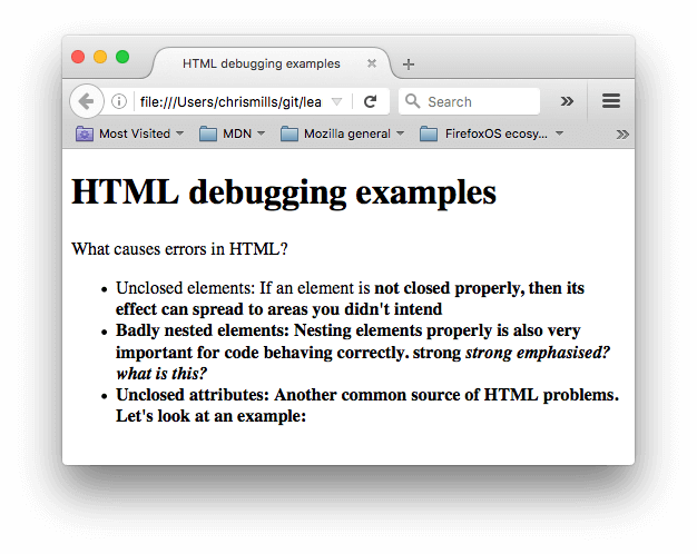Ein einfaches HTML-Dokument mit dem Titel HTML-Debugging-Beispiele und einigen Informationen über häufige HTML-Fehler, wie nicht geschlossene Elemente, schlecht verschachtelte Elemente und nicht geschlossene Attribute. 