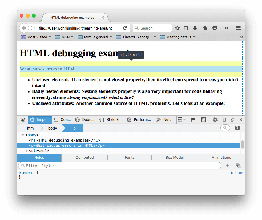 Der HTML-Inspektor in Firefox, mit dem hervorgehobenen Absatz unseres Beispiels, zeigt den Text "What causes errors in HTML?" Hier können Sie sehen, dass das Absatz-Element vom Browser geschlossen wurde.