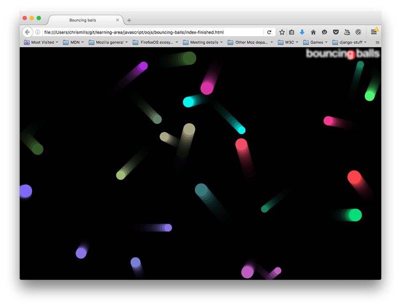 Screenshot einer Webseite mit dem Titel "Bouncing balls". 23 Bälle in verschiedenen Pastellfarben und Größen sind über einen schwarzen Bildschirm verteilt, mit langen Spuren dahinter, die Bewegungen anzeigen.