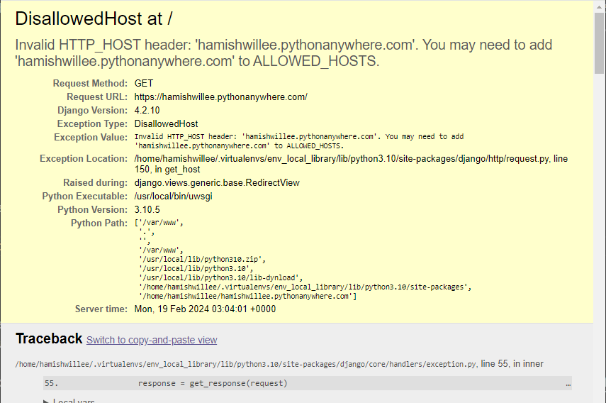 Eine detaillierte Fehlerseite mit vollständigem Traceback einer ungültigen HTTP_HOST-Header