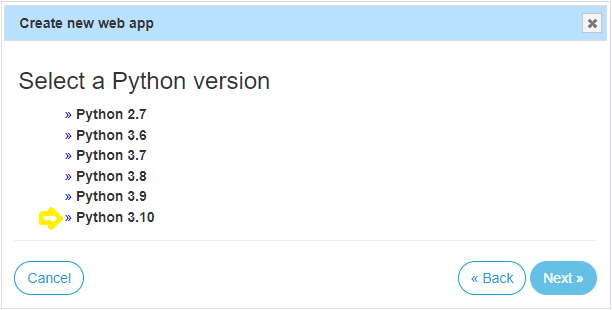 PythonAnywhere-Aufforderung zur Auswahl der Python-Version für die Webanwendung