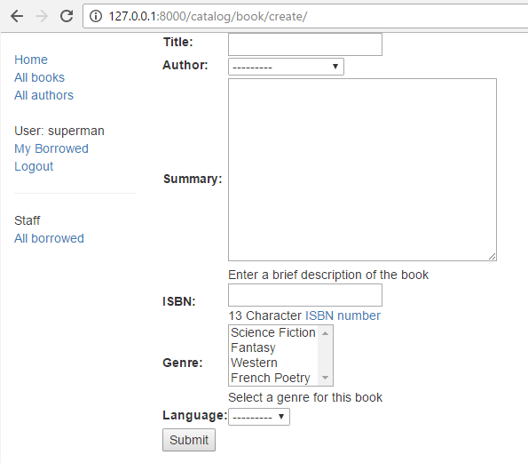 Screenshot zeigt verschiedene Felder im Formular wie Titel, Autor, Zusammenfassung, ISBN, Genre und Sprache an