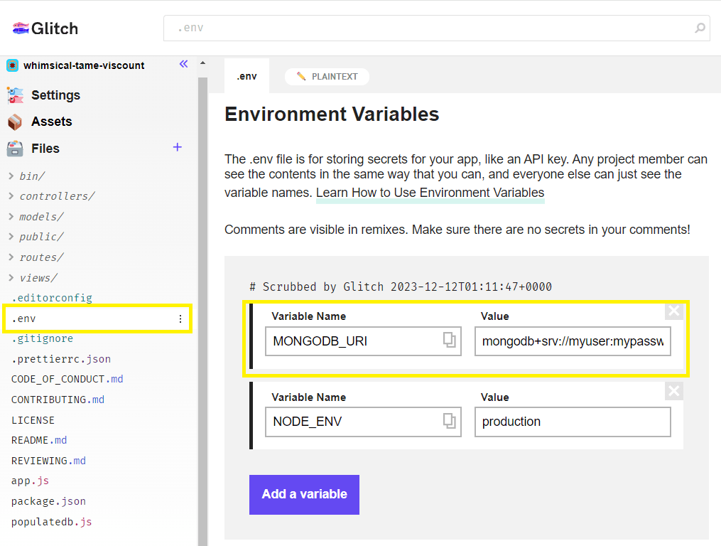 Glitch .env-Datei-Editor für private Daten mit Produktionsvariablen