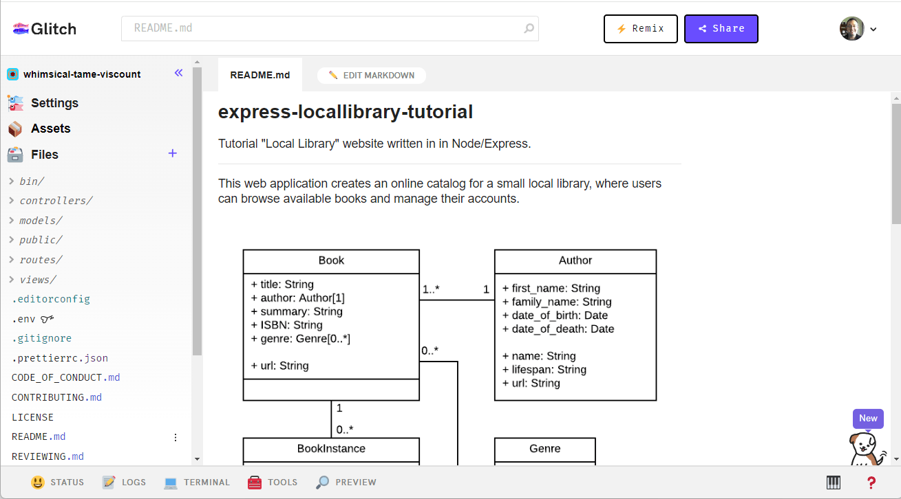 Glitch-Editoransicht für importiertes Projekt