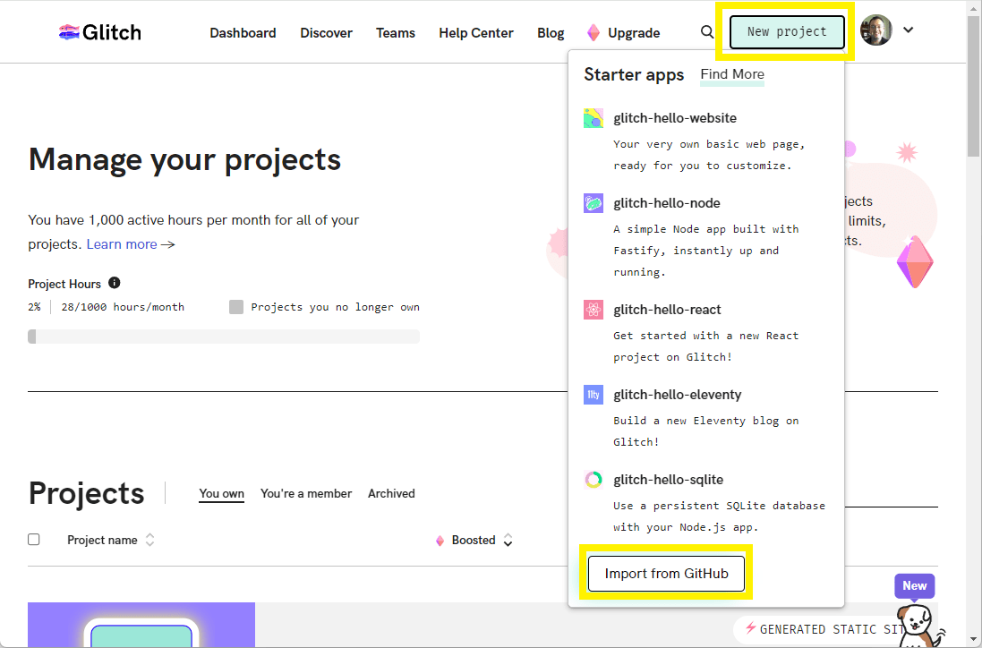 Glitch-Website-Dashboard mit Schaltfläche für neues Projekt und Popup-Menü mit "Import von GitHub"-Option