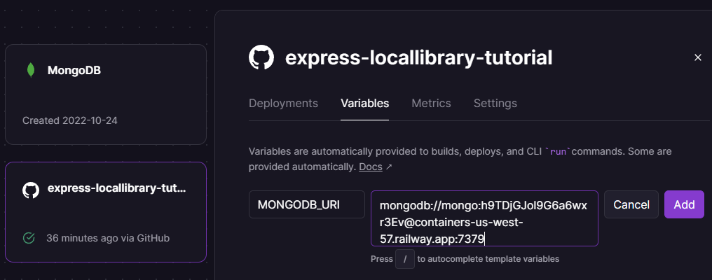 Railway-Website-Variablen-Bildschirm zeigt das Hinzufügen der MONGODB_URI-Variable und Adresse