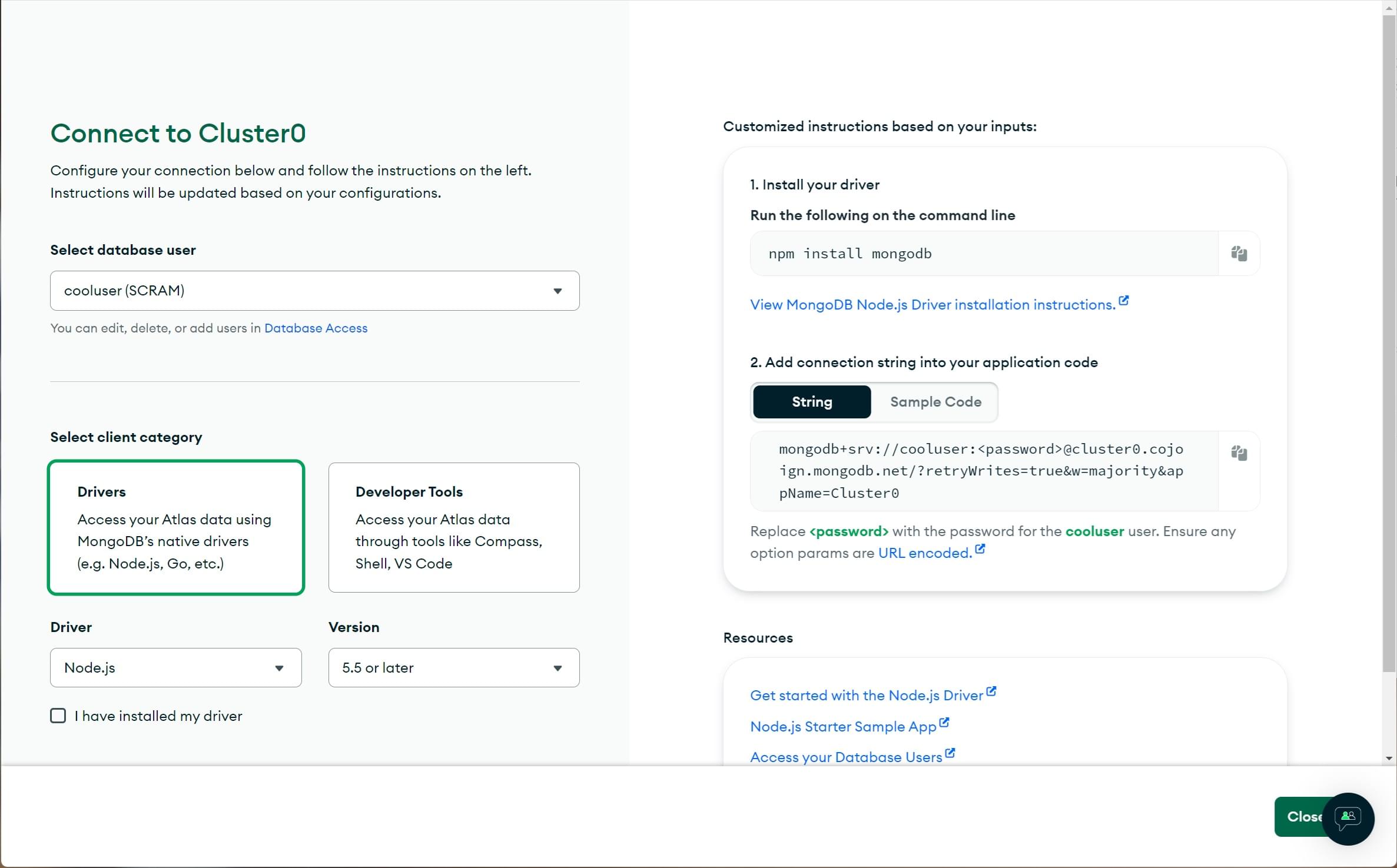 Wählen Sie die kurze SRV-Verbindung beim Einrichten einer Verbindung auf MongoDB Atlas.