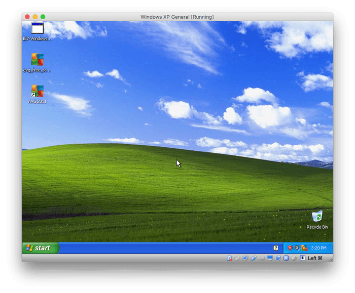 Screenshot von Windows XP, gehostet in Virtual Box und auf macOS laufend