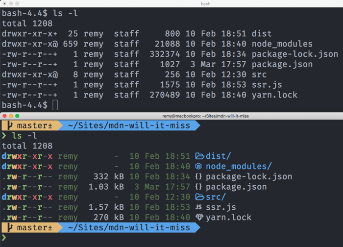 Ein Vanilla-macOS-Terminal und ein bunteres benutzerdefiniertes macOS-Terminal, das eine Datei-Liste zeigt - das Ergebnis des ls -l-Befehls