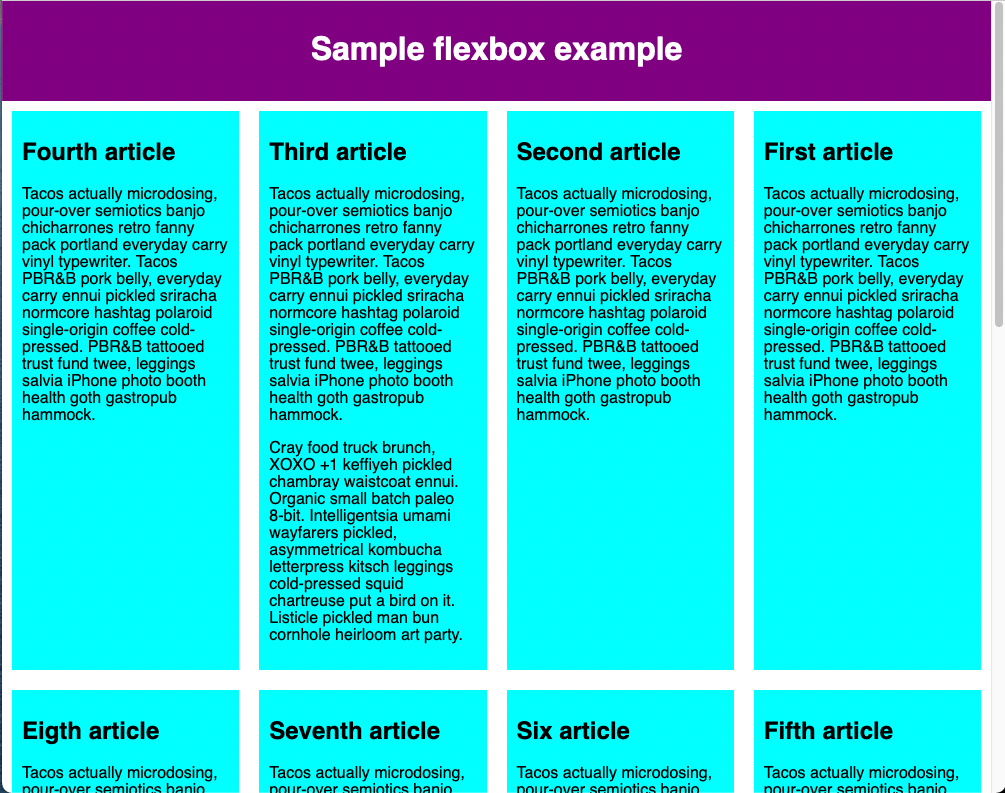 Flex-Elemente sind in mehreren Zeilen im Flex-Container angeordnet. Die flex-wrap-Eigenschaft ist im Flex-Container auf 'wrap' gesetzt, wodurch die Flex-Elemente in einer neuen Zeile angezeigt werden, wenn die Flex-Elemente in der vorherigen Zeile den Flexbox-Container überschreiten. Jedes Flex-Element hat eine Breite von 200 Pixeln. Alle Elemente werden auf die gleiche Höhe gestreckt, so hoch wie das Flex-Element mit dem meisten Inhalt.