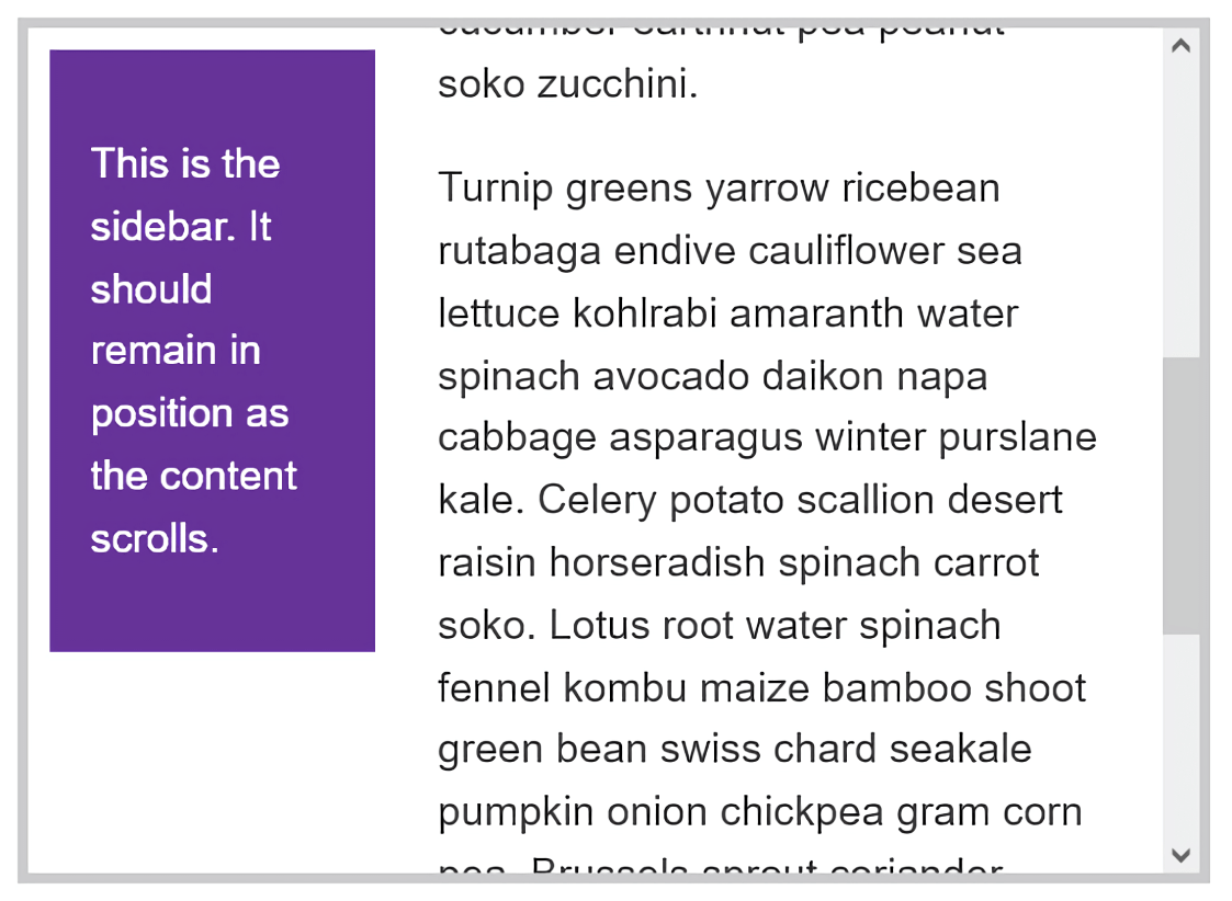 Der Inhalt wird gescrollt, aber die Sidebar bleibt an ihrem Platz.