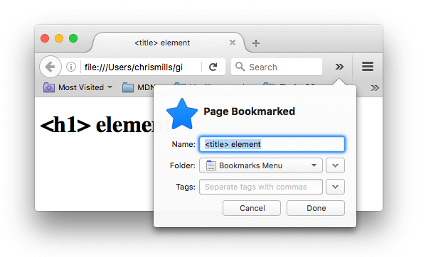 Eine Webseite wird in Firefox als Lesezeichen gesetzt. Der Lesezeichenname wurde automatisch mit dem Inhalt des 'title'-Elements ausgefüllt.