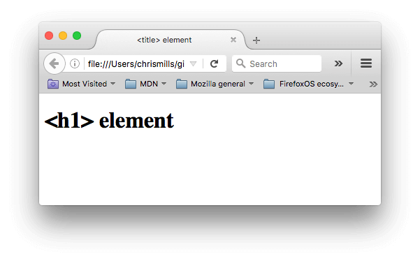 Eine Webseite mit 'title'-Text im Browser-Tab und 'h1'-Text als Seitenüberschrift im Dokumentkörper.