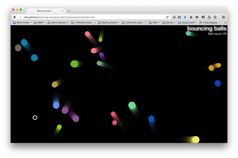Screenshot der hüpfenden Kugeln-Demo-Seite. Ein weiß umrandeter Kreis ist zusätzlich zu den farbigen Kugeln sichtbar, und der Text "Ball count: 23" ist unter der Überschrift sichtbar.