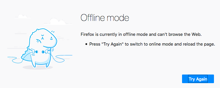 Firefox-Offline-Bildschirm mit einer Abbildung einer Cartoon-Figur auf der linken Seite, die mit der rechten Hand einen zwei-poligen Stecker und mit der linken Hand eine zwei-polige Steckdose hält. Auf der rechten Seite gibt es eine Offline-Modus-Nachricht und einen Button mit der Aufschrift 'Erneut versuchen'.