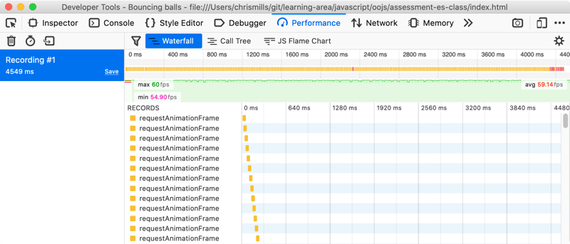 Entwicklertools Performance-Panel zeigt das Wasserfalldiagramm von Aufnahme #1 an.