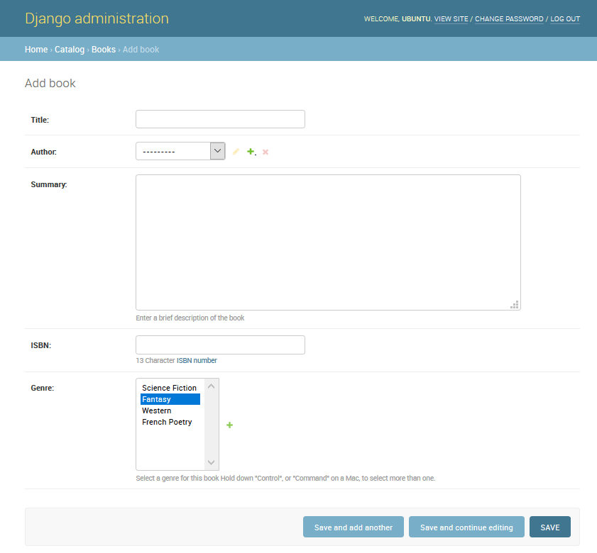 Admin Site - Buch hinzufügen