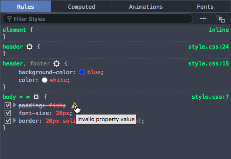 Die Entwicklertools streichen ungültiges CSS durch und fügen ein überfahrbares Warnsymbol hinzu