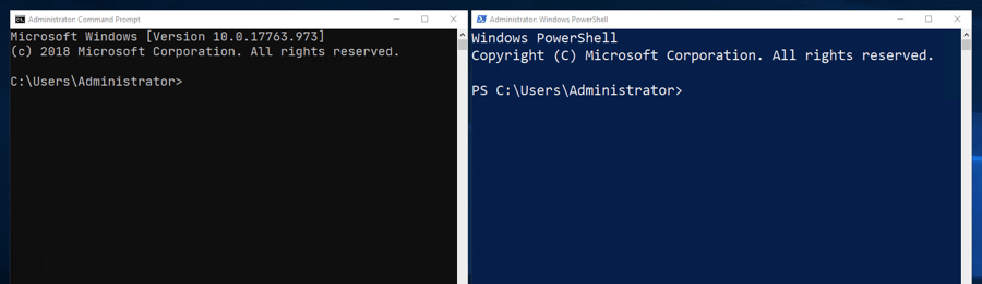 Ein Standardfenster der Windows-Kommandozeile und ein Windows-Powershell-Fenster