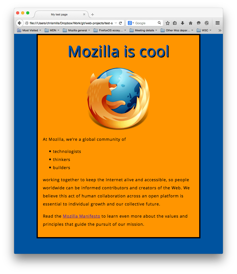 Ein Mozilla-Logo, zentriert, und ein Header und Absätze. Es sieht jetzt schön gestylt aus, mit einem blauen Hintergrund für die gesamte Seite und einem orangefarbenen Hintergrund für den zentrierten Hauptinhaltstreifen.