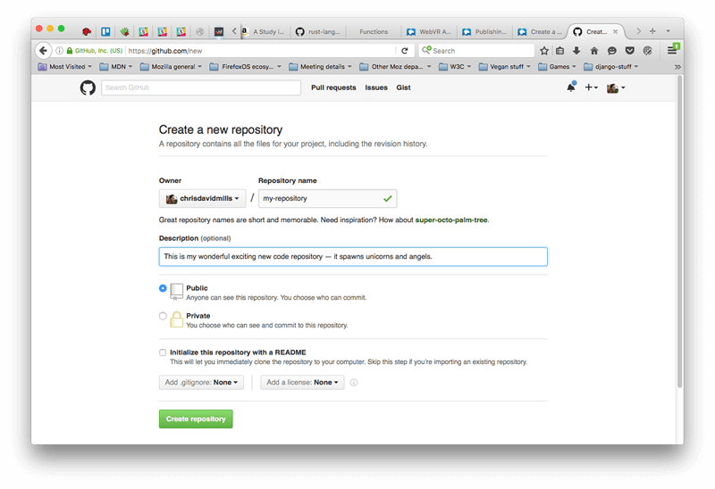 Neue Repository-Seite im Browser geöffnet, Besitzer-Eingabe und Repository-Name sind ausgefüllt, dasselbe gilt für die optionale Beschreibungseingabe. Das öffentliche Kontrollkästchen ist ausgewählt, das private Kontrollkästchen nicht, ebenso wenig wie das Initialisieren dieses Repositorys mit einer Readme.