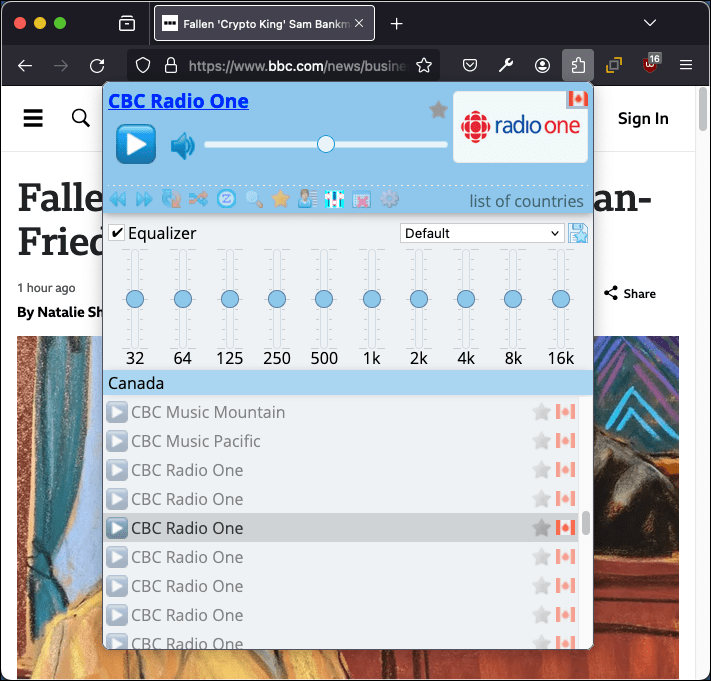 Die Worldwide Radio-Erweiterung zeigt eine Liste der Radiosender für Kanada an, wobei RadioOne zum Abspielen ausgewählt ist.