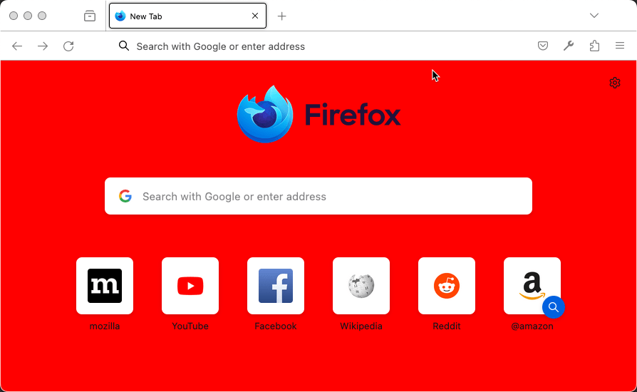 Firefox zeigt eine neue Tab-Seite. Die Hintergrundfarbe der Seite ist rot.