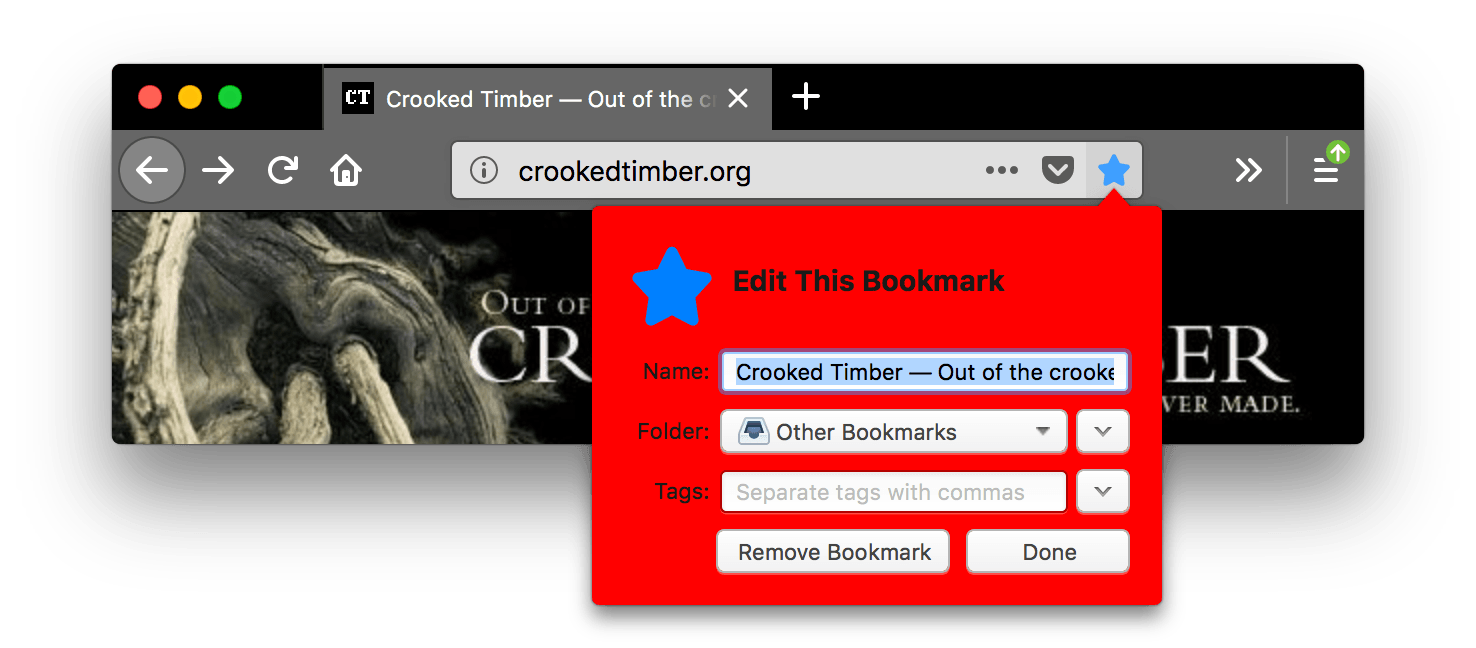 Der Browser Firefox ist schwarz. Die Registerkarten und die URL-Leiste des Browsers sind heller grau, mit weißen Symbolen und Text. Das Symbol 'Diese Seite als Lesezeichen hinzufügen' ist blau und wird gedrückt, ein offenes Popup namens 'Dieses Lesezeichen bearbeiten' wird mit rotem Hintergrund angezeigt. Die Hintergrundfarbe des Popups ist rot.