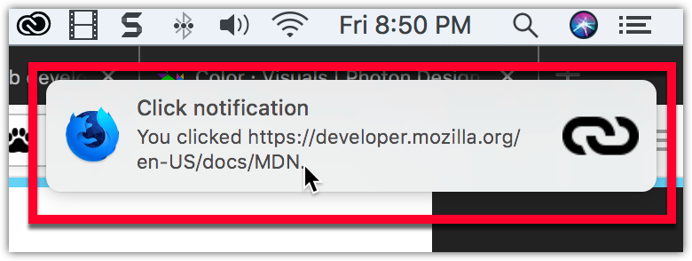 Ein Beispiel für eine Benachrichtigung auf macOS, die sich unterhalb der Systemuhr befindet, mit einem fettgedruckten Titel "Click notification" und einem regulären Text "You clicked https://developer.mozilla.org/de/docs/MDN". Die Benachrichtigung zeigt links das Firefox Nightly-Logo und rechts ein Link-Symbol.