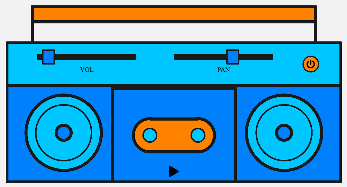 Eine Boombox mit Steuerungen für Abspielen, Panning und Lautstärke